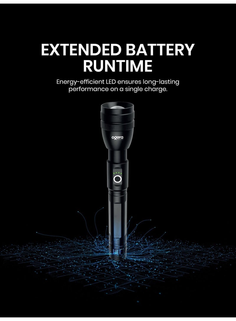 أوجيرا كشاف LED قابل لإعادة الشحن | كشاف تكتيكي فائق السطوع | سطوع عالي | بطارية 3SC طويلة العمر | شعاع قابل للتكبير | مقاوم للماء | مثالي للتخييم والمشي والمنزل وحالات الطوارئ | ضمان سنتين | OG1002SL | أسود - Image 4